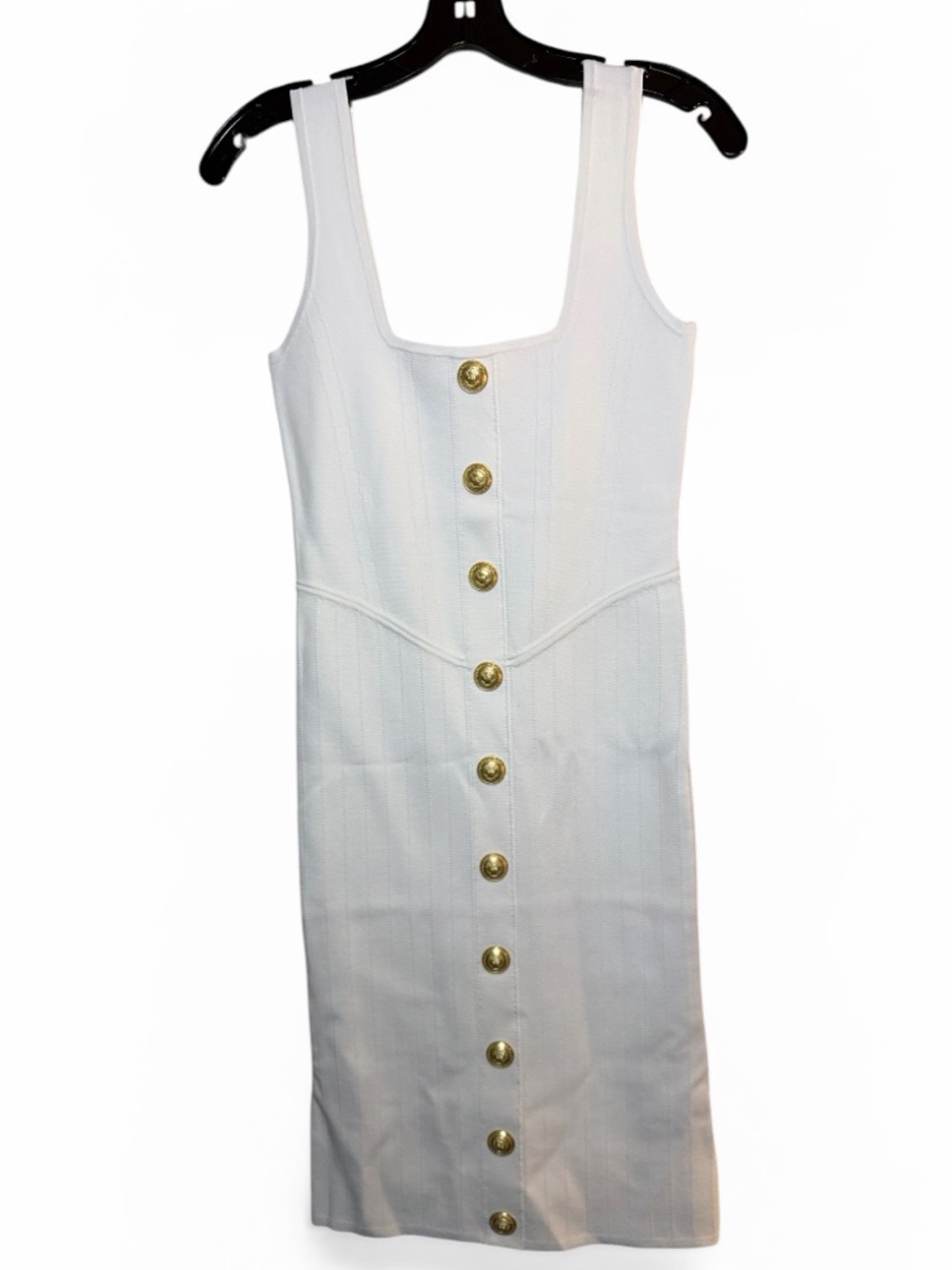 L'AGENCE White Ribbed Midi Dress with Gold Buttons - Picture 5 of 7